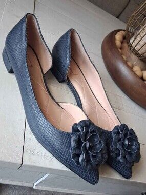Talbots Black Textured Pointed Toe Heels with Floral Appliqué